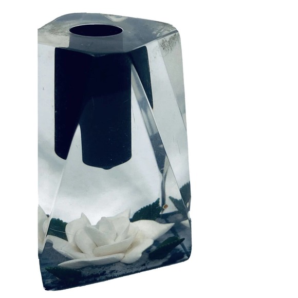 Vintage Clear Lucite Bircraft White Rose Candle Holder Paperweight USA Resin 3” - Picture 7 of 12